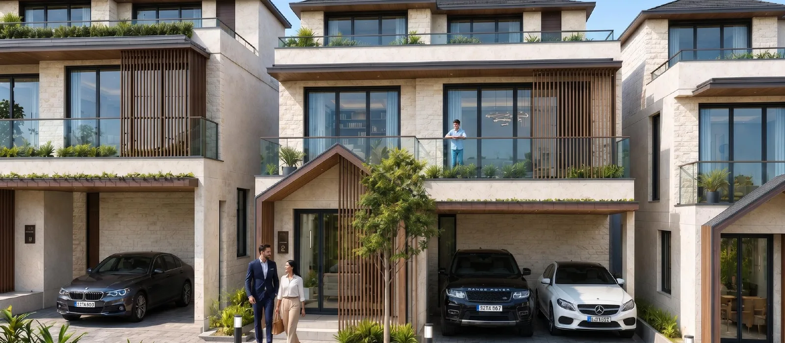 Artist's render of a Nambiar Beverly Green villa elevation in daylight — a G+2 house with an open terrace level above the first floor