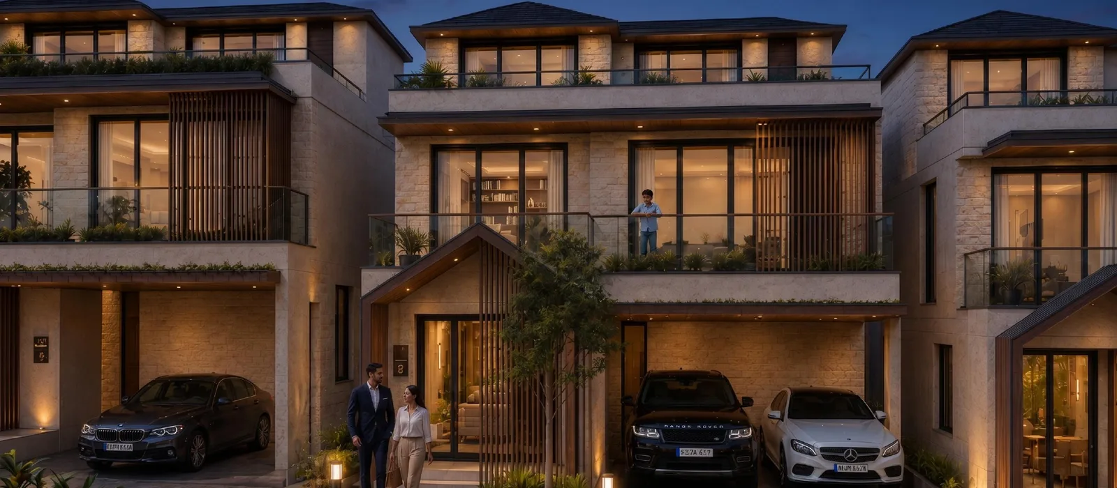 Artist's night render of the same Nambiar Beverly Green villa elevation, showing the lighting treatment and double-height glazing