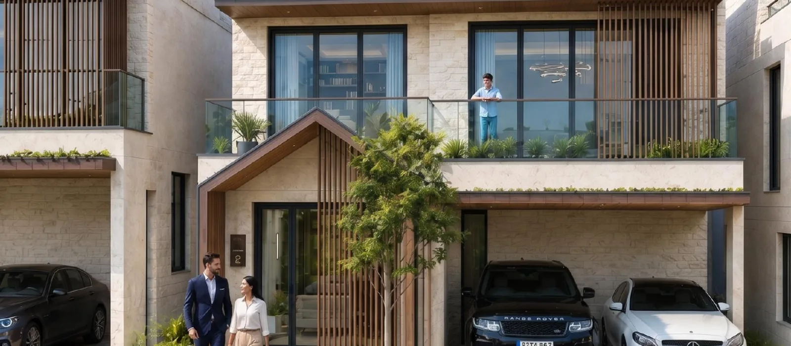 Artist's render of the entrance approach to a Nambiar Beverly Green villa, with the forecourt and covered parking bay