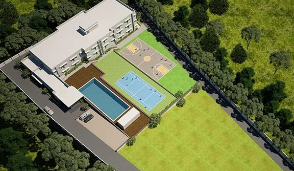 Chrysalis High School, Bannerghatta Road Chrysalis High School, Bannerghatta Road, Bangalore — campus seen from above, with the classroom block, swimming pool, tennis and basketball courts and playing field