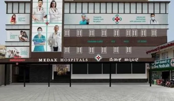 Medax Hospitals, Gottigere Medax Hospitals, Gottigere, Bannerghatta Road, Bangalore — hospital frontage with the Medax Hospitals name in English and Kannada above the entrance canopy