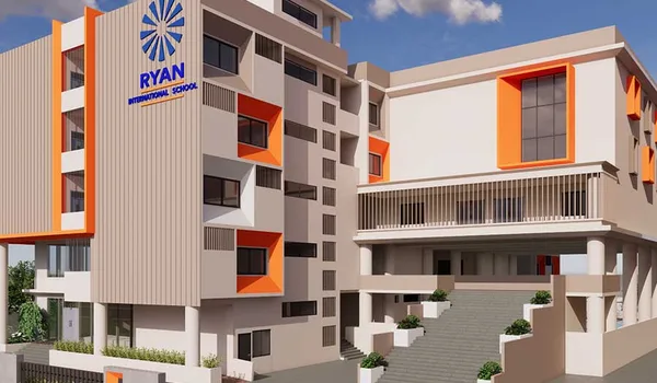 Ryan International School Ryan International School, Bangalore — orange and grey classroom blocks with the school's name and sunburst emblem on the corner elevation