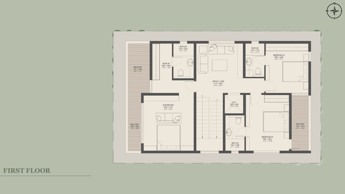 Nambiar Beverly Green 35 × 55 west facing villa first floor plan with three bedrooms