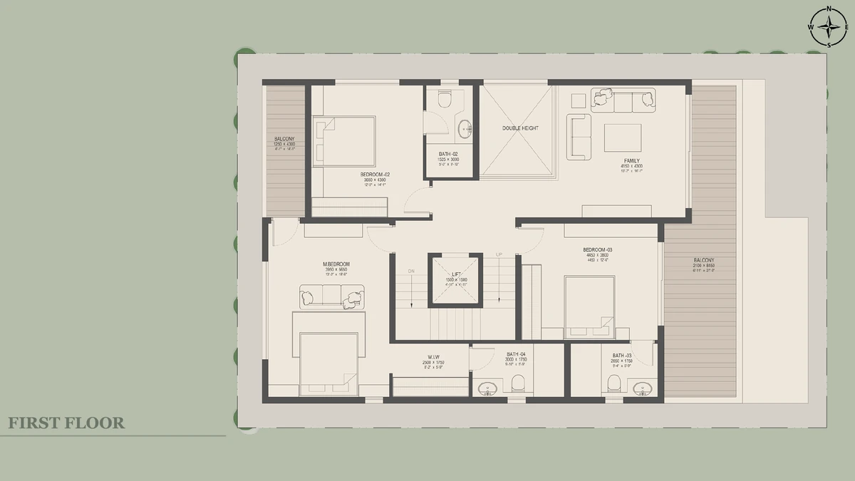 Nambiar Beverly Green 40 × 63 east facing villa first floor plan with three bedrooms