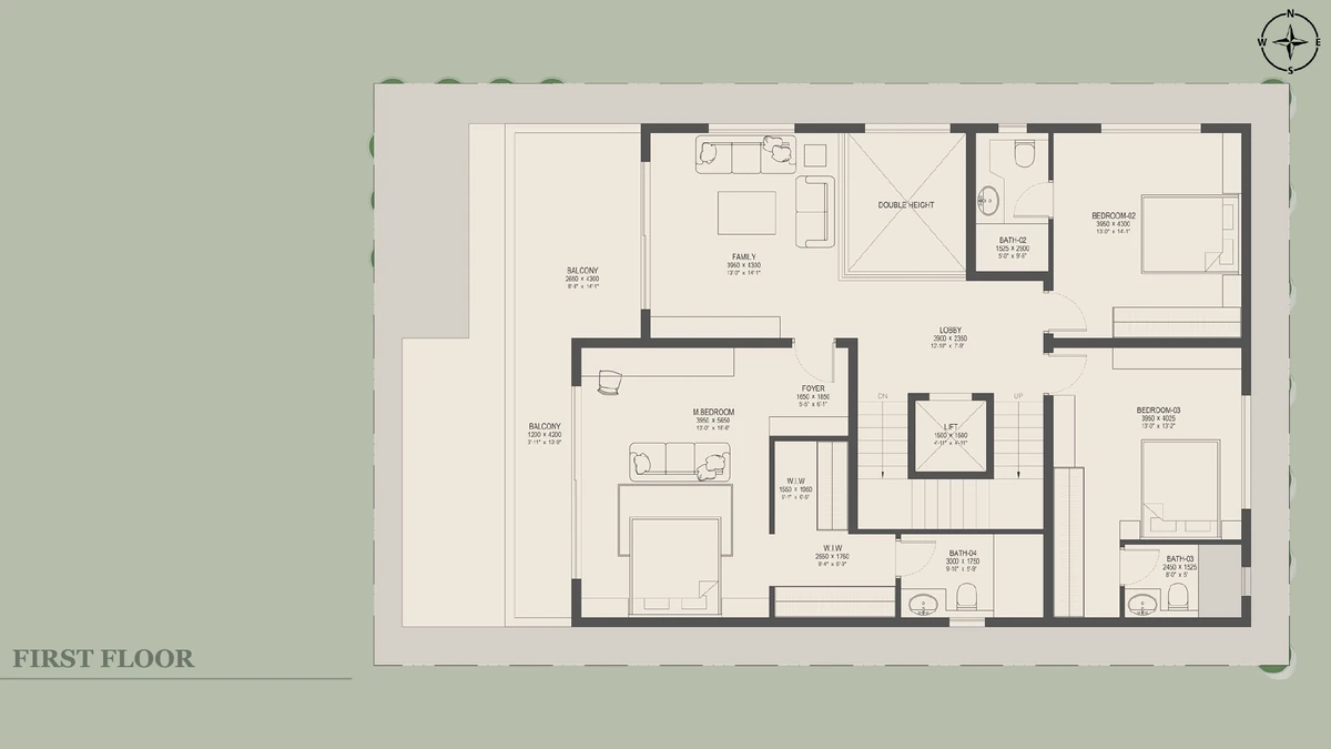 Nambiar Beverly Green 40 × 63 west facing villa first floor plan with three bedrooms